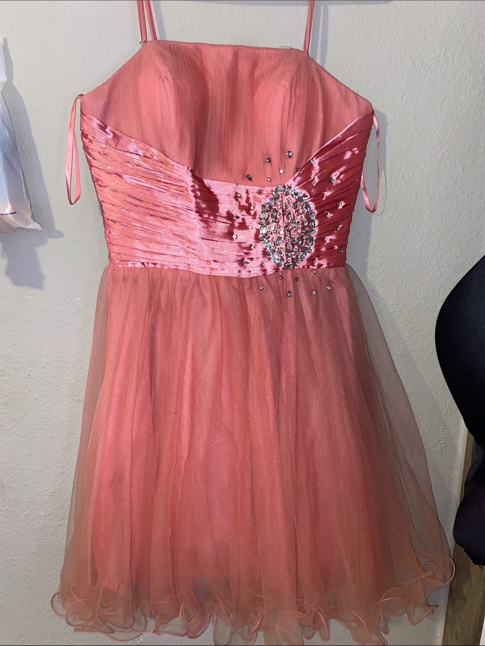 May Queen Coral Pink Spaghetti-Strap Tulle Party Dress with Jeweled Waist